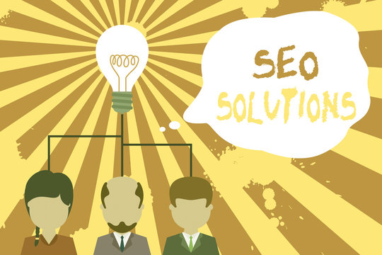 Text sign showing Seo Solutions. Business photo showcasing Search Engine Result Page Increase Visitors by Rankings Group three executive persons sharing idea icon. Startup team meeting