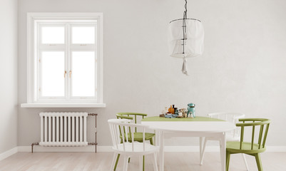 Light gray mock up wall, green white dining table and chairs with large window and radiator,...