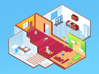 Isometric apartment during repair or house, home rooms at renovation. Indoor design for bedroom, guest room and kitchen restoration. Wallpapering, underfloor heating, window mount. Indoor work