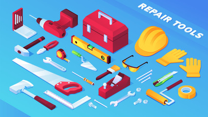 Fototapeta na wymiar Tools for building and repair items, builder equipment. Toolbox, saw, insulating and measuring tape, wood plane, wrench, level and electric drill, pliers, corner ruler, hammer, brush, helmet, glasses