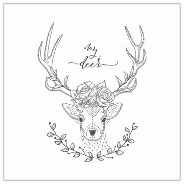 vector hand drawn deer head logo, tattoo. illustration with horns decorated with flowers, roses, branches. scandinavian style