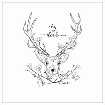 vector hand drawn deer head logo, tattoo. illustration with horns decorated with flowers, branches. scandinavian style