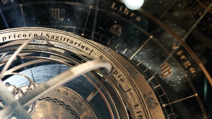 Armillary Sphere And Zodiac Astrology Signs On Background Of Starry Sky. 4K. 3D Animation. Ultra High Definition. 3840x2160.