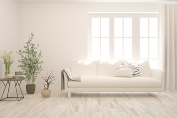 Stylish room in white color with sofa. Scandinavian interior design. 3D illustration