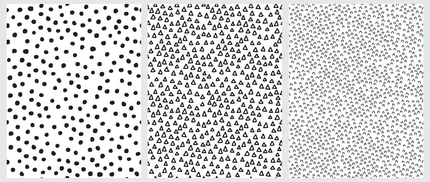 Simple Geometric Irregular Vector Prints Ideal for Fabric, Textile, Wrapping Paper. Abstract Hand Drawn Childish Style Vector Patterns. Black Triangles, Arches and Dots Isolated on a White Background.