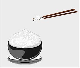 Steamed rice in cups and chopsticks, eating Chinese, Korean, Japanese food, Asian food menu, cereal