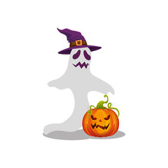 halloween ghost with witch hat and pumpkin