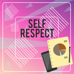 Conceptual hand writing showing Self Respect. Concept meaning Pride and confidence in oneself Stand up for yourself Layout Smartphone Off Ballpoint Notepad Business Pie Chart