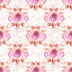 Fototapeta na wymiar Watercolor roses seamless pattern. Seamless texture with boho roses. Hand painted vintage gardening background.