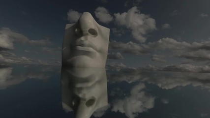 Plaster head fragment face for drawing on mirror and clouds motion, timelapse
