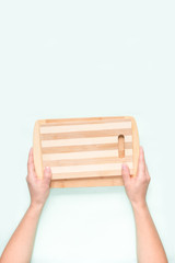 Zero waste flat lay. Woman's hands holding eco friendly kitchen utensils, concept of ecology, recycling, no plastic,zero waste