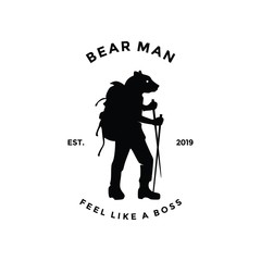 Vintage bear man Adventure logo vector. Unique original. Half body of animal and human with back pack.  Climb, hiking, outdoor hobby activity. Curious, professional, bold, character. icon profile.