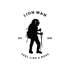 Vintage lion man Adventure logo vector. Unique original. Half body of animal and human with back pack.  Climb, hiking, outdoor hobby activity. Curious, professional, bold, character. icon profile.