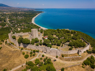 Fototapeta na wymiar Aerial drone view to Platamon Castle. Important part of the history of Pieria, is a Crusader castle (built between 1204 and 1222) in northern Greece