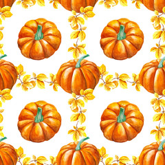 Watercolor seamless pattern with leaves, branches and pumpkins isolated on white background. Hand painted illustration for design kitchen, bio food, menu, healthy eating, textiles, market.