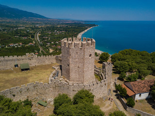 Aerial drone view to Platamon Castle. Important part of the history of Pieria, is a Crusader castle...