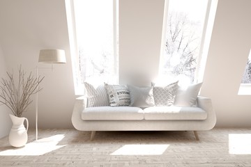 Stylish room in white color with sofa. Scandinavian interior design. 3D illustration