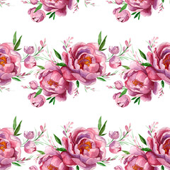 Peony pink flowers. Floral seamless pattern. Watercolor