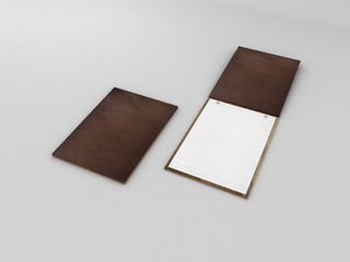 render of two wood and leather flat menu tablets