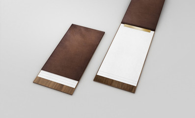 render of two wood and leather long menu tablets