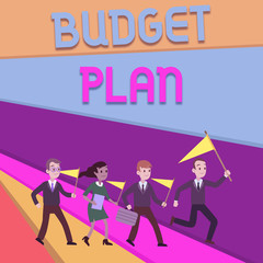 Handwriting text writing Budget Plan. Conceptual photo financial schedule for a defined period of time usually year People Crowd Flags Pennants Headed by Leader Running Demonstration Meeting