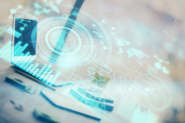 Double exposure of business theme icons and work space with computer background. Concept of success.