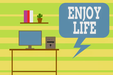 Writing note showing Enjoy Life. Business concept for Any thing, place,food or demonstrating, that makes you relax and happy Desktop computer with wooden table shelf books flower pot