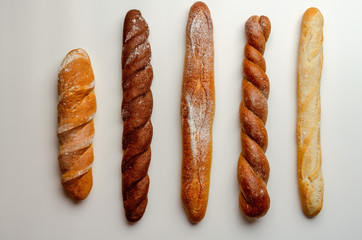 Bread on a white background, close-up, top view, copy space.