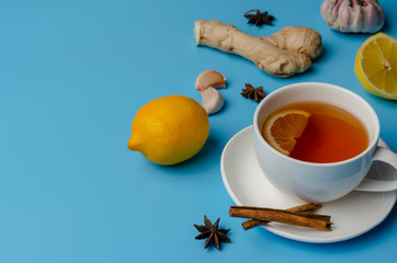 Herbal medicine. Alternative healthy care on blue background. Top view. Copy space. Flat lay