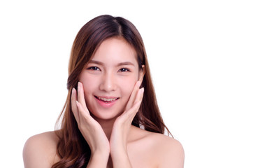 Fototapeta premium asian young beautiful woman smiling and touching her face, isolated over white background. natural makeup, SPA therapy, skincare, cosmetology and plastic surgery concept.with free copyspace