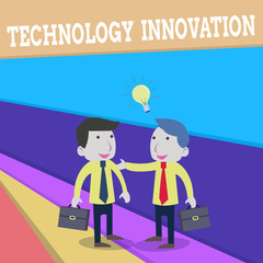 Word writing text Technology Innovation. Business photo showcasing significant technological changes of products Two White Businessmen Colleagues with Brief Cases Sharing Idea Solution