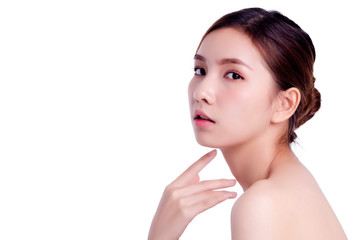 Obraz na płótnie Canvas Short hair asian young beautiful woman smiling and touching her face, isolated over white background. natural makeup, SPA therapy, skincare, cosmetology and plastic surgery concept