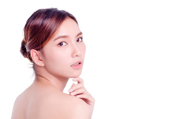 Short hair asian young beautiful woman smiling and touching her face, isolated over white background. natural makeup, SPA therapy, skincare, cosmetology and plastic surgery concept