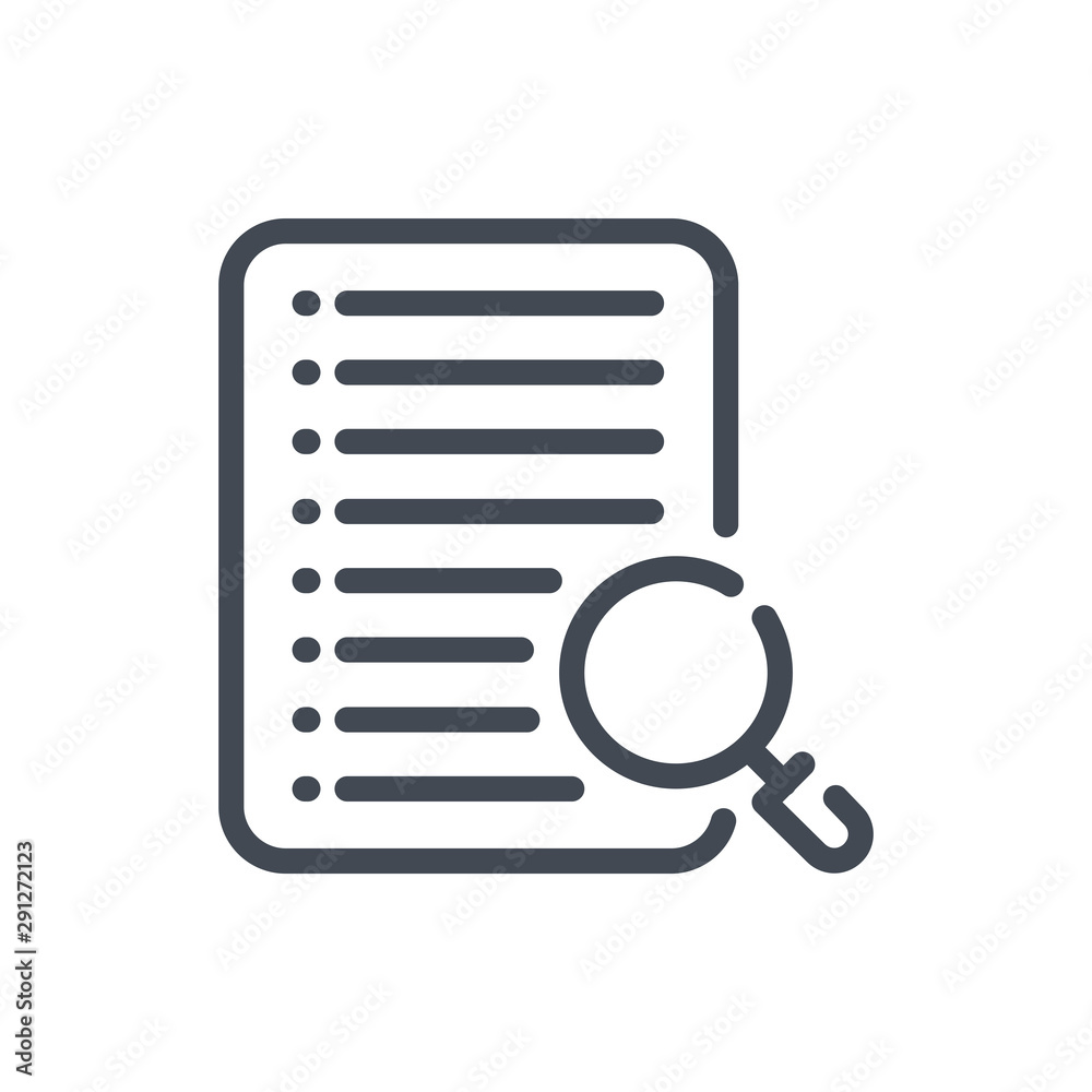 Poster reports and docs search line icon. file and document with magnifier vector outline sign.