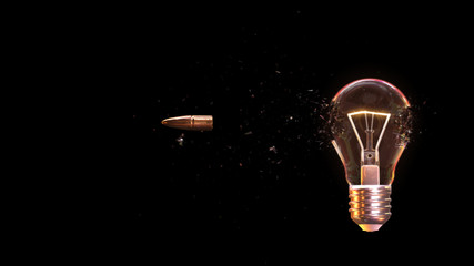 The glass bulb light explosion by bullet through with 3d rendering.