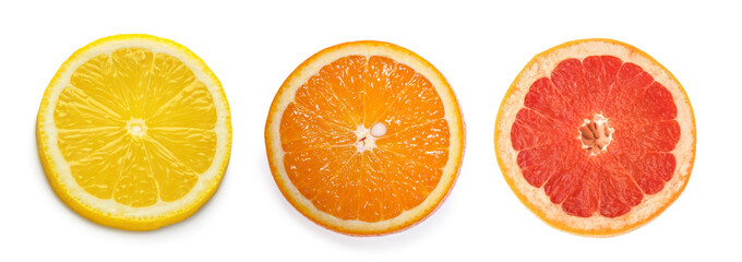 citrus slices, orange, lemon, grapefruit, isolated on white background