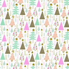 seamless vector repeat pattern of hand-drawn abstract, seasonal trees