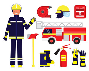 Cartoon Color Character Person Fireman and Equipment Set. Vector