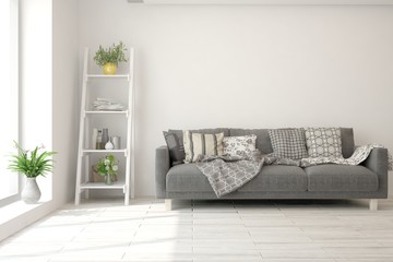 Stylish room in white color with sofa. Scandinavian interior design. 3D illustration