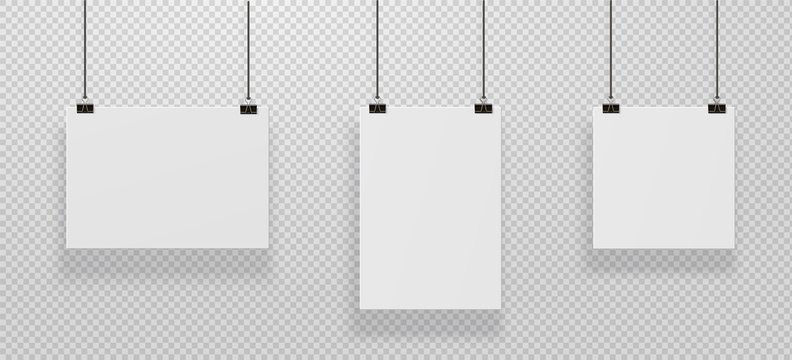 Realistic horizontal and vertical posters mockup. Blank paper hanging on binders at the wall, empty A4 paper poster clipped on ropes. Vector illustration white canvas for presentation banner