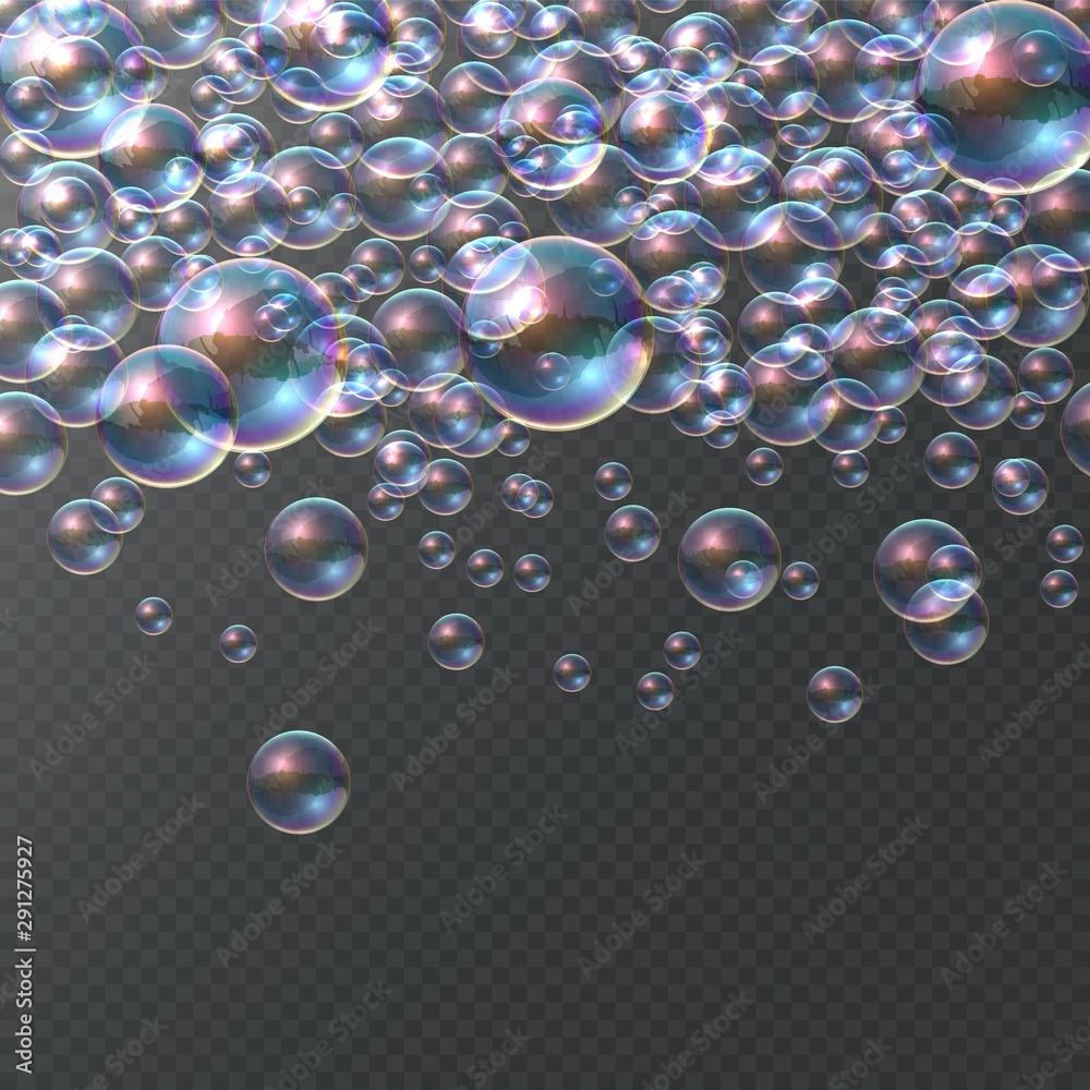 Poster Soap bubble on transparent background. Realistic colorful 3D bubbles, rainbow clear shampoo falling ball. Vector illustrations underwater isolated round bubbling texture