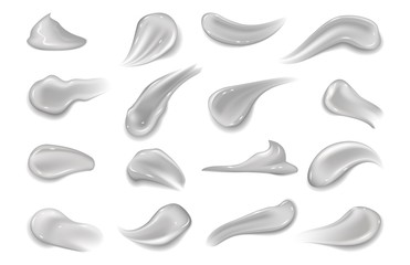 Gel smears. Realistic cosmetic texture hygienic cream for makeup. Vector illustration healthy creamy toothpaste blobs or moisturizer on white background