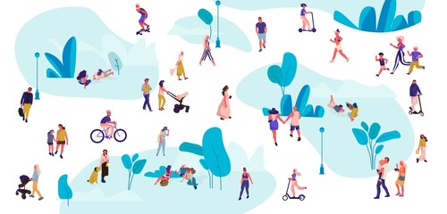 People in park. Trendy crowd walking, flat men and women on picnic doing yoga and summer exercises. Vector illustrations outdoor diverse activities and leisure with pets set