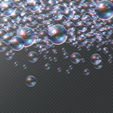 Soap bubble on transparent background. Realistic colorful 3D bubbles, rainbow clear shampoo falling ball. Vector illustrations underwater isolated round bubbling texture