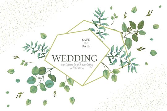 Wedding greenery frame. Invitation card template design with rustic eucalyptus branches and green leaves. Vector watercolor image summer floral borders