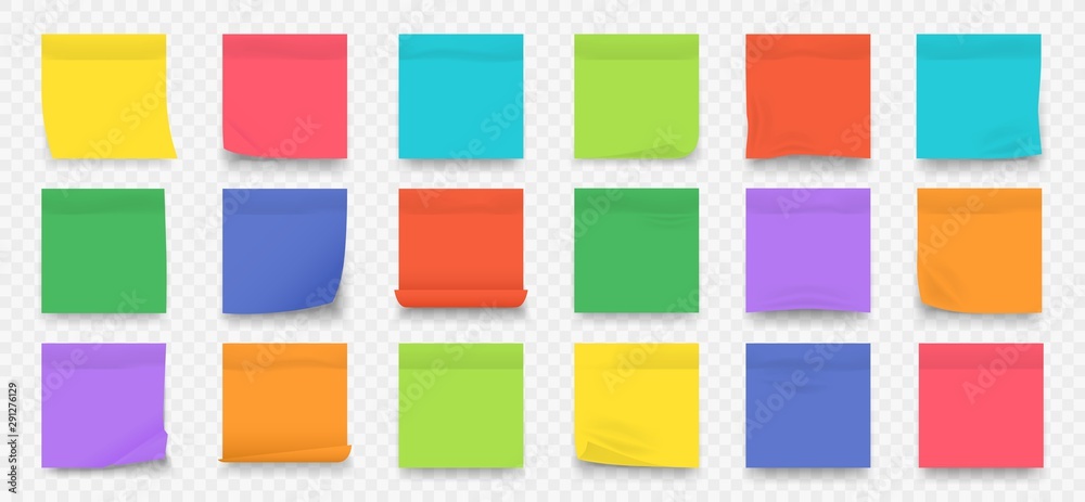Aufkleber Sticky notes. Square colored blank notepad pages with crumpled edges isolated on transparent background. Vector collection wall sticker for text reminder post set