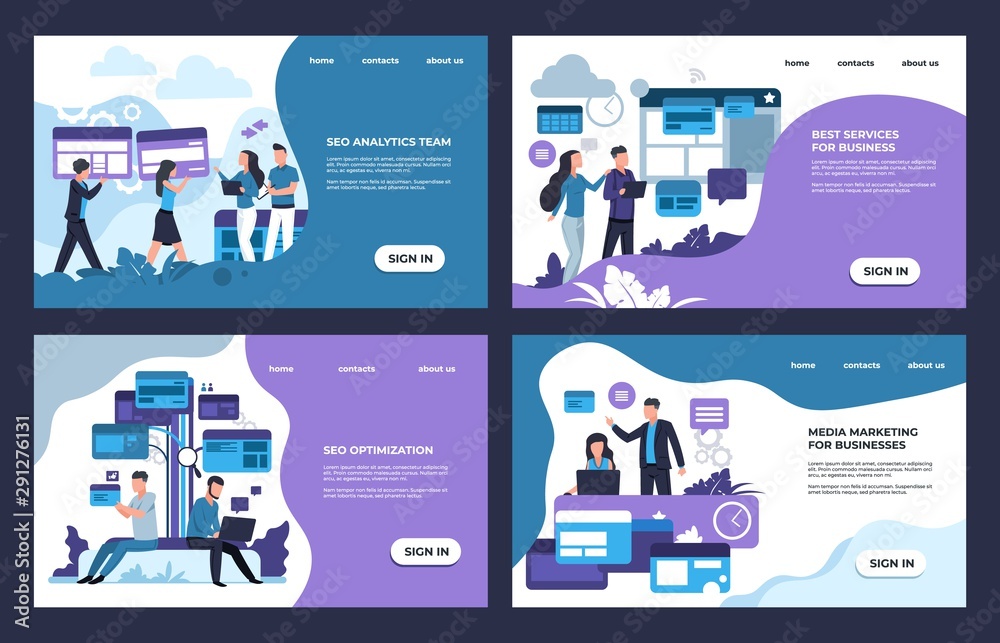 Aufkleber seo landing page. internet analytic, business and online marketing web site template. vector digital