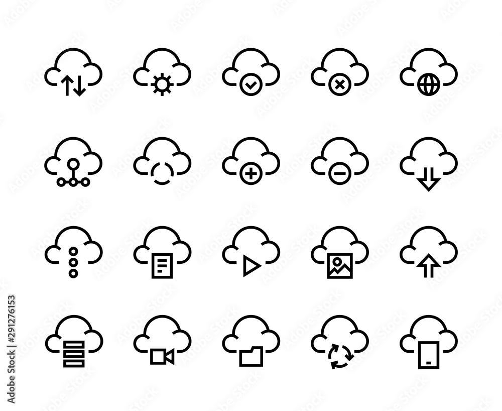 Aufkleber Cloud computing line icons. Internet service platform, network server and cloud data transfer access and synchronization. Vector image set network computation symbols