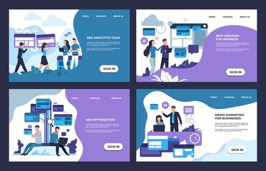 SEO landing page. Internet analytic, business and online marketing web site template. Vector digital illustration with flat cartoon characters banners for advertising website