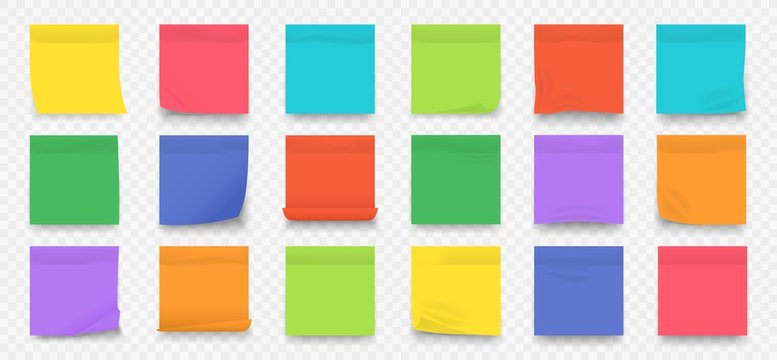 Sticky notes. Square colored blank notepad pages with crumpled edges isolated on transparent background. Vector collection wall sticker for text reminder post set